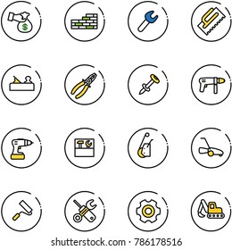 line vector icon set - encashment vector, brick wall, wrench, trowel, jointer, pliers, nail dowel, drill machine, tool box, winch, lawn mower, paint roller, screwdriver, gear, excavator toy
