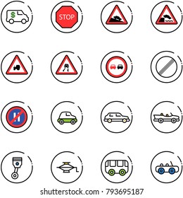 line vector icon set - encashment car vector, stop road sign, steep descent, embankment, tractor way, slippery, no overtake, limit, parking even, limousine, cabrio, piston, jack, toy bus