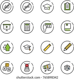 line vector icon set - end speed limit vector road sign, overtake, graduate hat, clipboard, presentation board, calculator, book, arrow up, ruler, pencil, abc cube, pyramid toy, xylophone