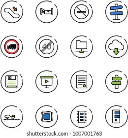 line vector icon set - escalator down vector, hotel, no smoking sign, road signpost, truck, end speed limit, network folder, download cloud, save, presentation board, agreement, swimming, cpu, chip