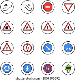 line vector icon set - escalator up vector, down, no way road sign, giving, tunnel, abrupt turn right, intersection, limited height, detour, circle, pedestrian, parking even, signpost