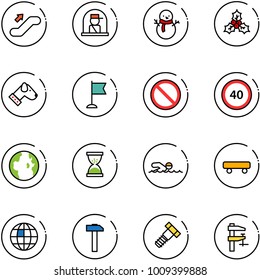 Line Vector Icon Set - Escalator Up Vector, Officer Window, Snowman, Holly, Dog, Flag, Prohibition Road Sign, Speed Limit 40, Globe, Sand Clock, Swimming, Skateboard, Hammer, Bolt, Clamp