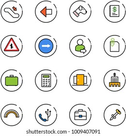 line vector icon set - escalator down vector, left arrow, dog, annual report, intersection road sign, only right, user login, attachment, case, calculator, doors, bank building, rainbow, phone