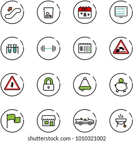 line vector icon set - escalator up vector, trash, christmas calendar, diagnostic monitor, vial, barbell, finance, embankment road sign, intersection, locked, bell, piggy bank, flag, store, cabrio