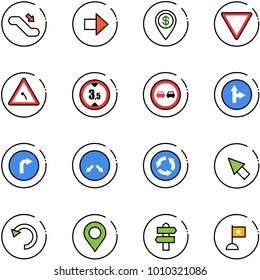 line vector icon set - escalator down vector, right arrow, dollar pin, giving way road sign, turn left, limited height, no overtake, only forward, detour, circle, cursor, undo, map, signpost, flag