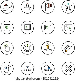 line vector icon set - escalator up vector, recieptionist, side wind, gymnastics, safe, hand touch, standby, winner, suitcase, mouse wireless, conveyor, delete