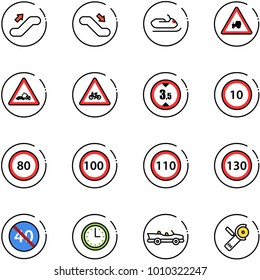 line vector icon set - escalator up vector, down, snowmobile, tractor way road sign, car crash, for moto, limited height, speed limit 10, 80, 100, 110, 130, end minimal, time, cabrio