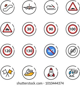 line vector icon set - escalator up vector, plane, snowmobile, artificial unevenness road sign, for moto, speed limit 30, 90, 100, 120, 130, end minimal, flags cross, cruiser, rocket, helicopter toy