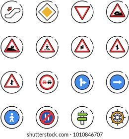 Line Vector Icon Set - Escalator Up Vector, Main Road Sign, Giving Way, Climb, Steep Roadside, Pedestrian, Abrupt Turn Right, Intersection, No Overtake, Only Forward, Parking Even, Signpost