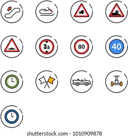 line vector icon set - escalator up vector, snowmobile, tractor way road sign, steep roadside, artificial unevenness, limited height, speed limit 80, minimal, time, flags cross, cabrio, gyroscope