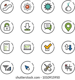 line vector icon set - escalator up vector, sun, onion, unlocked, download, chat, map pin, document, statistics monitor, check, down arrows, fine signal, cursor, wrench screwdriver, Tic tac toe