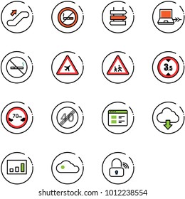 line vector icon set - escalator up vector, no smoking sign, post, netabook connect, airport road, children, limited height, distance, end speed limit, website, download cloud, statistics