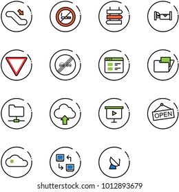 line vector icon set - escalator down vector, no smoking sign, post, hotel, giving way road, end overtake limit, website, folder, network, upload cloud, presentation board, open, data exchange