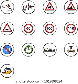 line vector icon set - escalator down vector, boarding passengers, tractor way road sign, steep roadside, artificial unevenness, speed limit 60, 100, 110, end minimal, time, cabrio, gyroscope