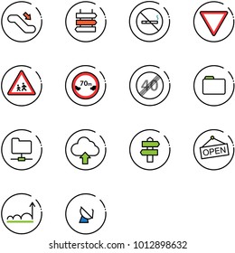 line vector icon set - escalator down vector, sign post, no smoking, giving way road, children, limited distance, end speed limit, folder, network, upload cloud, signpost, open, growth