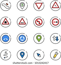 line vector icon set - escalator down vector, dollar pin, giving way road sign, turn left, tunnel, rough, no, overtake, detour, circle, map, up arrows, trip, navigation, cursor, wrench