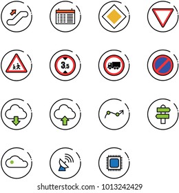 line vector icon set - escalator up vector, schedule, main road sign, giving way, children, limited height, no truck, parking, download cloud, upload, chart point arrow, signpost, satellite antenna