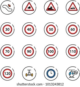line vector icon set - escalator down vector, tractor way road sign, steep roadside, car crash, speed limit 30, 40, 50, 60, 70, 90, 100, 110, 120, gyroscope, clock, helicopter toy