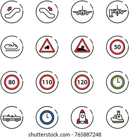 line vector icon set - escalator up vector, down, plane, boarding passengers, snowmobile, tractor way road sign, steep roadside, speed limit 50, 80, 110, 120, time, cabrio, clock, rocket, toy boat