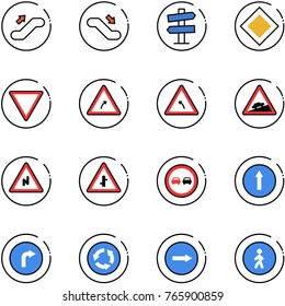 line vector icon set - escalator up vector, down, road signpost sign, main, giving way, turn right, left, climb, abrupt, intersection, no overtake, only forward, circle, pedestrian