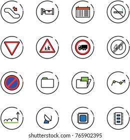 line vector icon set - escalator down vector, hotel, schedule, no smoking sign, giving way road, children, truck, end speed limit, parking, folder, chart point arrow, growth, satellite antenna, cpu