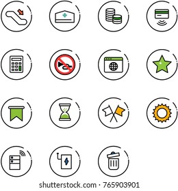 line vector icon set - escalator down vector, doctor hat, coin, tap pay, calculator, no horn road sign, browser globe, star, flag, sand clock, flags cross, sun, server wireless, power bank