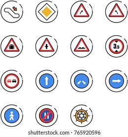 line vector icon set - escalator down vector, main road sign, turn right, left, tunnel, intersection, rough, limited height, no overtake, only forward, detour, pedestrian way, parking even