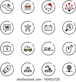 line vector icon set - escalator down vector, shower, snowfall, firework, bow message, gymnastics, schedule, money search, case, car, swimming, mouse wireless, usb wi fi, conveyor, globe