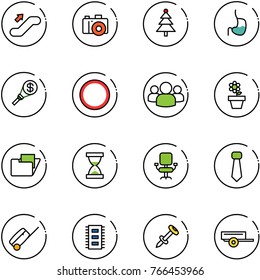 line vector icon set - escalator up vector, camera, christmas tree, stomach, money torch, prohibition road sign, group, flower pot, folder, sand clock, office chair, tie, suitcase, chip, nail dowel