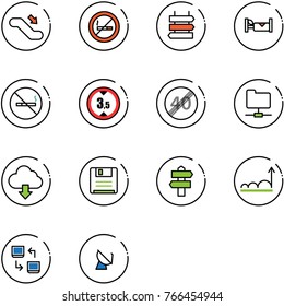line vector icon set - escalator down vector, no smoking sign, post, hotel, limited height road, end speed limit, network folder, download cloud, save, signpost, growth, data exchange