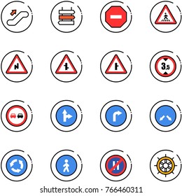 Line Vector Icon Set - Escalator Up Vector, Sign Post, No Way Road, Pedestrian, Abrupt Turn Right, Intersection, Limited Height, Overtake, Only Forward, Detour, Circle, Parking Even, Hand Wheel