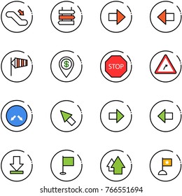 line vector icon set - escalator down vector, sign post, right arrow, left, side wind, dollar pin, stop road, turn, detour, cursor, download, flag, up
