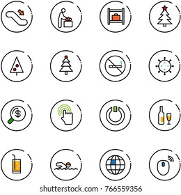 line vector icon set - escalator down vector, baby room, baggage, christmas tree, no smoking sign, virus, money search, hand cursor, standby, wine, drink, swimming, globe, mouse wireless