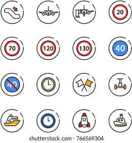 line vector icon set - escalator down vector, plane, boarding passengers, speed limit 20 road sign, 70, 120, 130, minimal, end, time, flags cross, gyroscope, cruiser, clock, rocket, toy boat