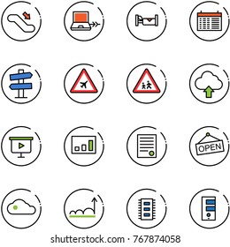 line vector icon set - escalator down vector, netabook connect, hotel, schedule, road signpost sign, airport, children, upload cloud, presentation board, statistics, agreement, open, growth, chip