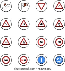 line vector icon set - escalator up vector, side wind, giving way road sign, turn right, left, oncoming traffic, tractor, slippery, narrows, no moto, speed limit 70, bus, overtake, only forward