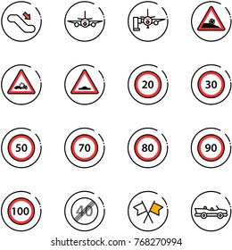 line vector icon set - escalator down vector, plane, boarding passengers, steep roadside road sign, car crash, artificial unevenness, speed limit 20, 30, 50, 70, 80, 90, 100, end, flags cross