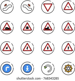line vector icon set - escalator up vector, down, giving way road sign, turn left, climb, tunnel, steep roadside, pedestrian, abrupt right, intersection, only, undo, hand wheel