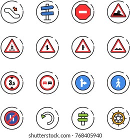 line vector icon set - escalator down vector, road signpost sign, no way, steep roadside, pedestrian, intersection, rough, limited height, overtake, only forward right, parking even, undo