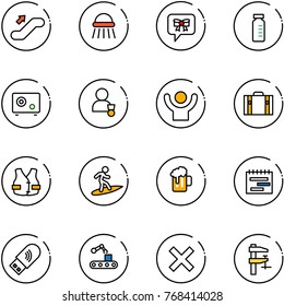 line vector icon set - escalator up vector, shower, bow message, vial, safe, winner, success, suitcase, life vest, surfing, beer, terms plan, usb wi fi, conveyor, delete, clamp