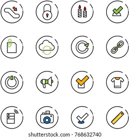 line vector icon set - escalator down vector, lock, candle, check, attachment, refresh cloud, reload, link, standby, megaphone, t shirt, server wireless, camera, ruler