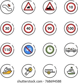 line vector icon set - escalator down vector, tractor way road sign, steep roadside, speed limit 10, 30, 40, 90, 100, 110, end minimal, time, cabrio, cruiser, Angular grinder, trailer, toy boat