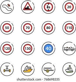 line vector icon set - escalator down vector, steep roadside road sign, limited height, speed limit 20, 50, 70, 80, 110, 120, 130, minimal, cabrio, gyroscope, cruiser, trailer, toy boat