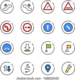 line vector icon set - escalator up vector, down, turn right road sign, rough, no left, overtake, only forward, detour, download, flag, arrows, trip, navigation pin, wrench