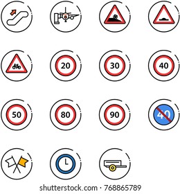 line vector icon set - escalator up vector, boarding passengers, steep roadside road sign, artificial unevenness, for moto, speed limit 20, 30, 40, 50, 80, 90, end minimal, flags cross, clock