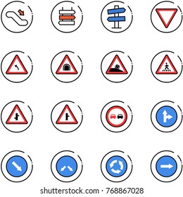 line vector icon set - escalator down vector, sign post, road signpost, giving way, turn left, tunnel, steep roadside, pedestrian, intersection, no overtake, only forward right, detour, circle