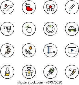 line vector icon set - escalator up vector, christmas sock, bow, pipette, cash, hand touch, standby, car, golden branch, beach, sun panel, playback, brush, bear toy, beanbag, baseball bat