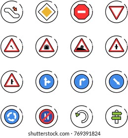 line vector icon set - escalator down vector, main road sign, no way, giving, turn left, tunnel, steep roadside, intersection, only forward right, detour, circle, parking even, undo, signpost