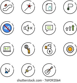 line vector icon set - escalator up vector, Magic wand, diet list, ruble, end minimal speed limit road sign, volume off, chat, arrows, statistics monitor, world, rich, sun, satellite antenna, oiler