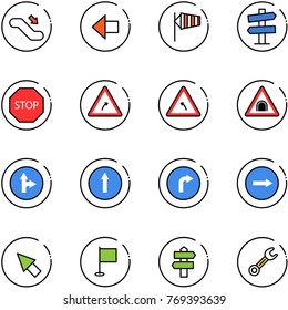 line vector icon set - escalator down vector, left arrow, side wind, road signpost sign, stop, turn right, tunnel, only forward, cursor, flag, wrench